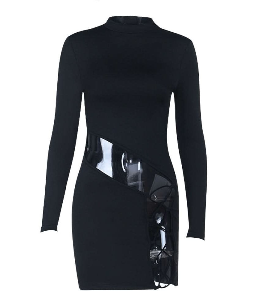 Fall Party Ready: Daring Black Mock Neck Mini Dress with Sheer Cut-Out & Lace-Up
