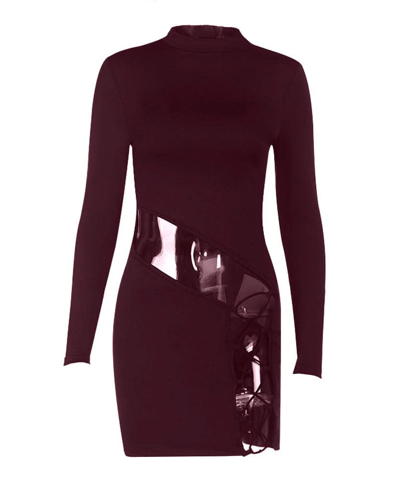 Fall Party Ready: Daring Black Mock Neck Mini Dress with Sheer Cut-Out & Lace-Up