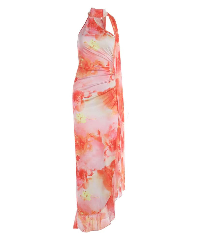 Women's Vibrant Floral Halter Ruched Maxi Dress - Your Fall Vacation & Resort Essential