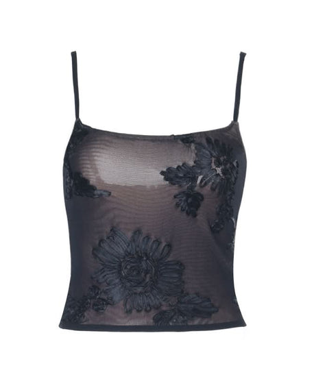 Sultry Black Floral Embroidered Mesh Cami Top – Autumn Evenings & Holiday Season Essential