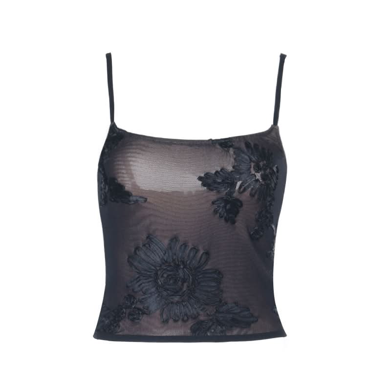 Sultry Black Floral Embroidered Mesh Cami Top – Autumn Evenings & Holiday Season Essential