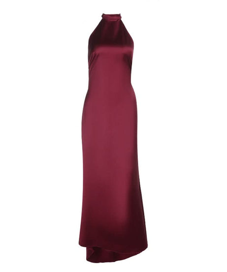 Chic Wine Red Satin Halter Maxi Dress - Elegant Backless Gown for Fall & Holiday Season