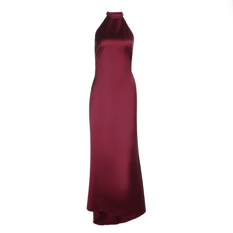 Chic Wine Red Satin Halter Maxi Dress - Elegant Backless Gown for Fall & Holiday Season