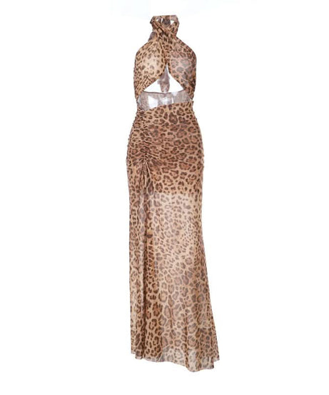 Unleash Your Wild Side: Daring Leopard Print Halter Cut-Out Maxi Dress - Perfect for Fall Parties & Holiday Getaways