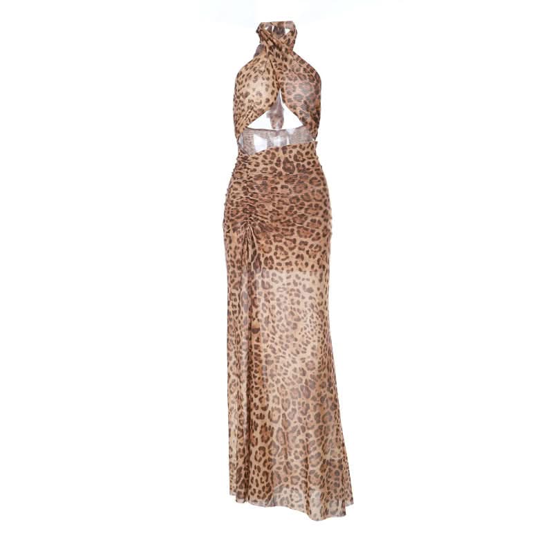 Unleash Your Wild Side: Daring Leopard Print Halter Cut-Out Maxi Dress - Perfect for Fall Parties & Holiday Getaways