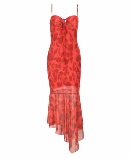 Vibrant Red Floral Tie-Front Cami Midi Dress - Chic for Fall Soirees & Resort Escapes