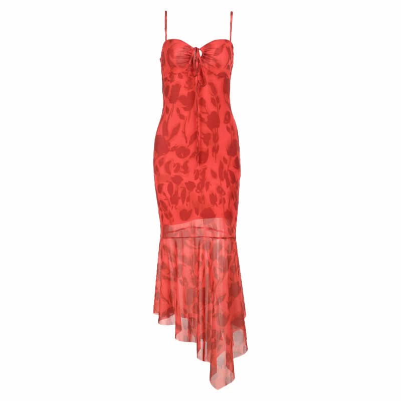 Vibrant Red Floral Tie-Front Cami Midi Dress - Chic for Fall Soirees & Resort Escapes