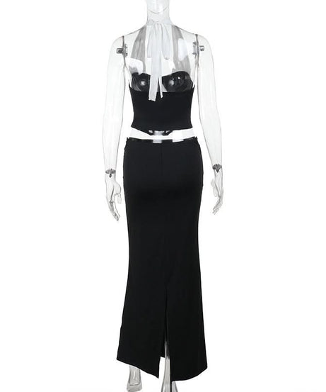 Chic Halter Corset & Ruched Maxi Skirt Set - Black & White Evening Glam for Fall