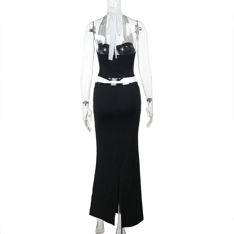 Chic Halter Corset & Ruched Maxi Skirt Set - Black & White Evening Glam for Fall