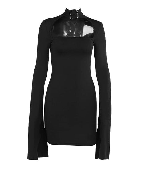 Siren Song Black Choker Mini Dress: Dramatic Slit Sleeves & Chic Cut-Out for Fall Nights & Holiday Parties