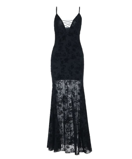 Fall Glamour: Black Velvet Burnout Floral Maxi Dress - Lace-Up V-Neck Formal Gown