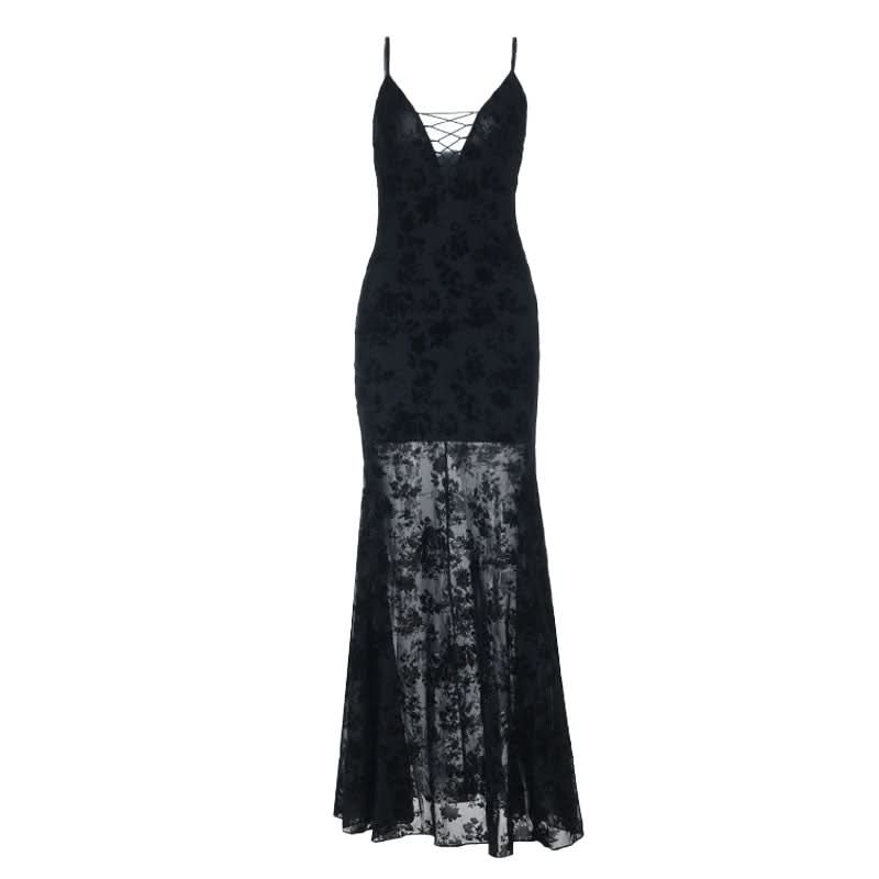 Fall Glamour: Black Velvet Burnout Floral Maxi Dress - Lace-Up V-Neck Formal Gown