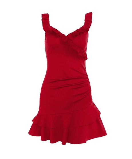 Sassy & Chic Red Ruffle Ruched Mini Dress - Perfect for Fall Parties & Holiday Glam