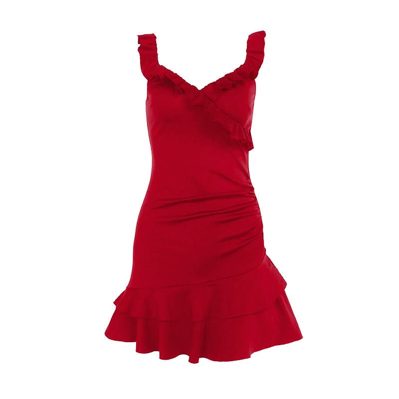 Sassy & Chic Red Ruffle Ruched Mini Dress - Perfect for Fall Parties & Holiday Glam