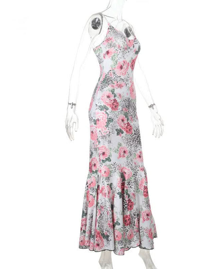 Autumn Bloom & Wild Sophistication: Pink Floral Leopard Mermaid Maxi Dress - Elegant Cross-Back Gown