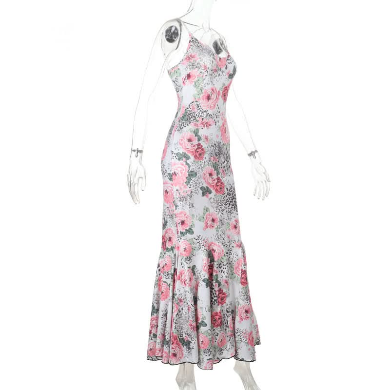 Autumn Bloom & Wild Sophistication: Pink Floral Leopard Mermaid Maxi Dress - Elegant Cross-Back Gown