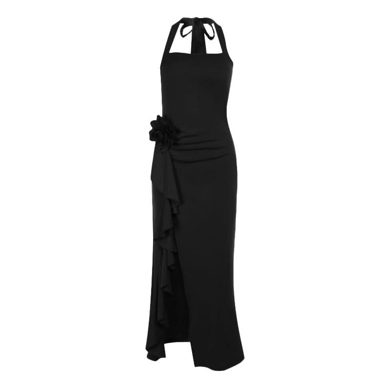 Scarlet Glamour: Red Halter Slit Midi Dress with Romantic Floral Detail - Your Statement Piece for Fall & Holiday