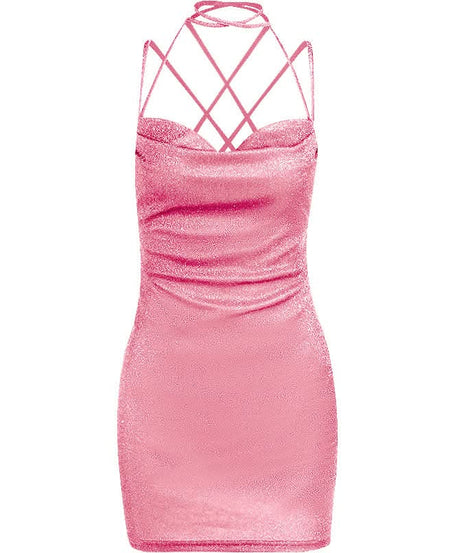 Sparkle & Slay: Shimmering Cowl Neck Mini Dress | Criss-Cross Halter Bodycon for Holiday Parties & NYE
