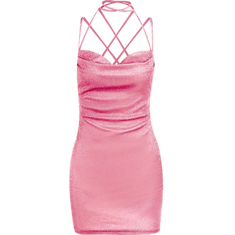 Sparkle & Slay: Shimmering Cowl Neck Mini Dress | Criss-Cross Halter Bodycon for Holiday Parties & NYE