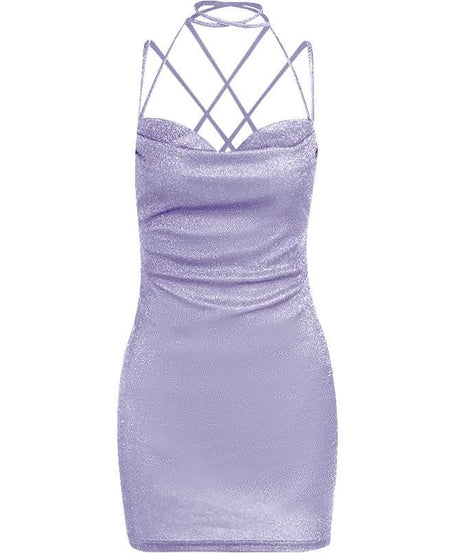 Sparkle & Slay: Shimmering Cowl Neck Mini Dress | Criss-Cross Halter Bodycon for Holiday Parties & NYE