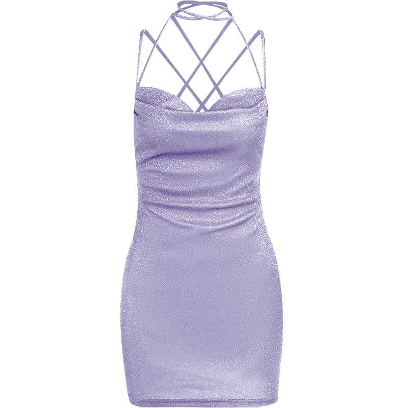 Sparkle & Slay: Shimmering Cowl Neck Mini Dress | Criss-Cross Halter Bodycon for Holiday Parties & NYE