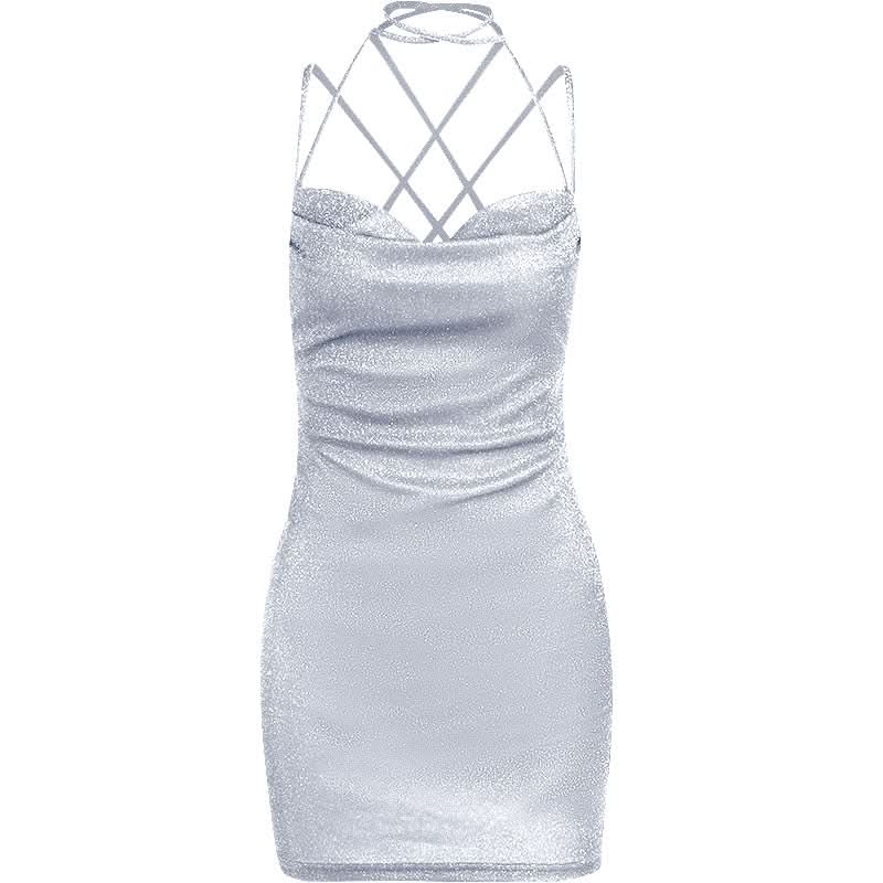 Sparkle & Slay: Shimmering Cowl Neck Mini Dress | Criss-Cross Halter Bodycon for Holiday Parties & NYE