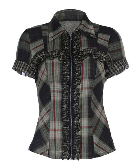 Fall Grunge Plaid Ruffle Zip-Up Top - Spooky Season & Beyond!