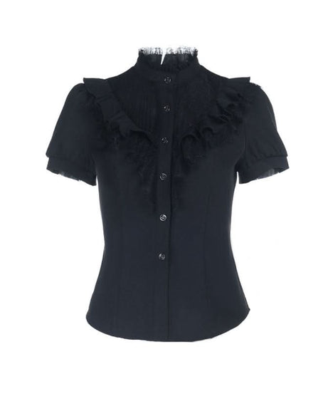 Victorian Gothic Lace Ruffle Blouse - Short Sleeve Top for Spooky Season & Fall