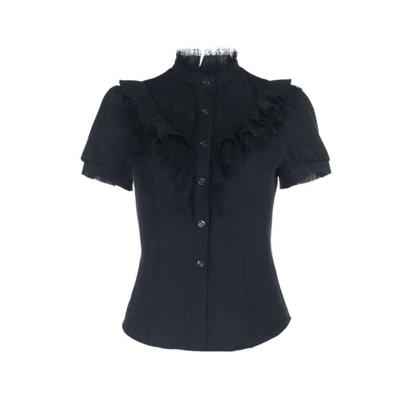 Victorian Gothic Lace Ruffle Blouse - Short Sleeve Top for Spooky Season & Fall