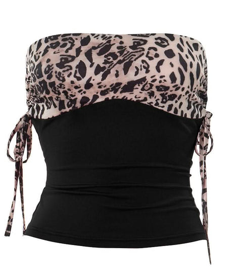 Autumn Nights Out: Wild Leopard & Red Ruched Strapless Top for Women