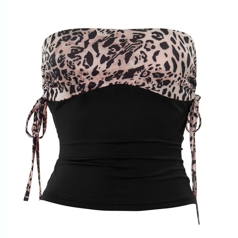 Autumn Nights Out: Wild Leopard & Red Ruched Strapless Top for Women
