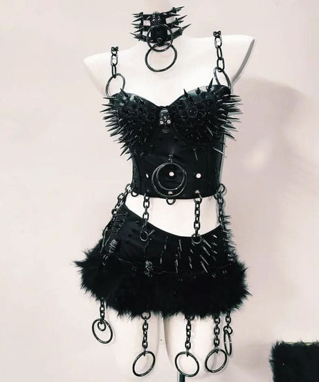 Unleash Your Inner Vixen: Spiked & Chained Goth Clubwear Set - Perfect for Halloween, Raves & Fall Nights