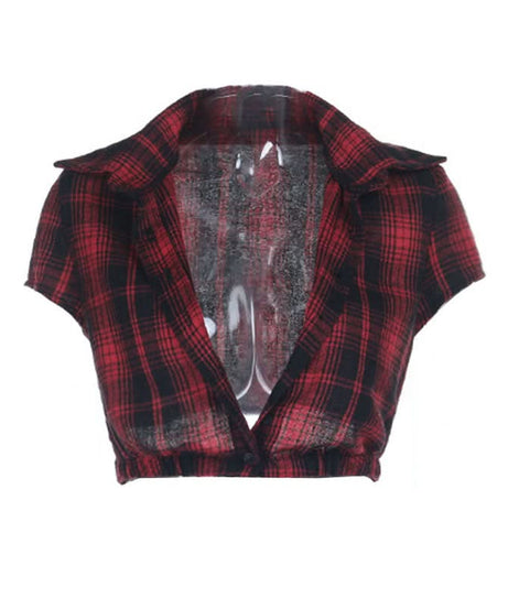 Alt-Girl Rebel Plaid Cropped Button-Up Shirt - Spooky Season Goth Grunge Top