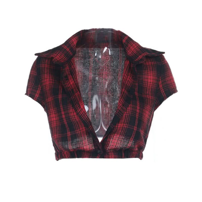 Alt-Girl Rebel Plaid Cropped Button-Up Shirt - Spooky Season Goth Grunge Top