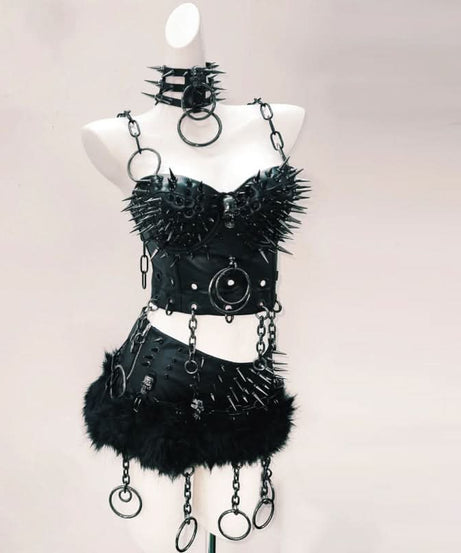 Unleash Your Inner Vixen: Spiked & Chained Goth Clubwear Set - Perfect for Halloween, Raves & Fall Nights