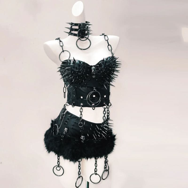 Unleash Your Inner Vixen: Spiked & Chained Goth Clubwear Set - Perfect for Halloween, Raves & Fall Nights