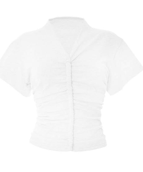 Effortless Fall Style: Women's Flattering Ruched V-Neck Cotton Short Sleeve Tee