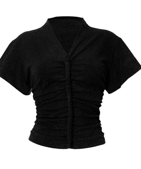 Effortless Fall Style: Women's Flattering Ruched V-Neck Cotton Short Sleeve Tee