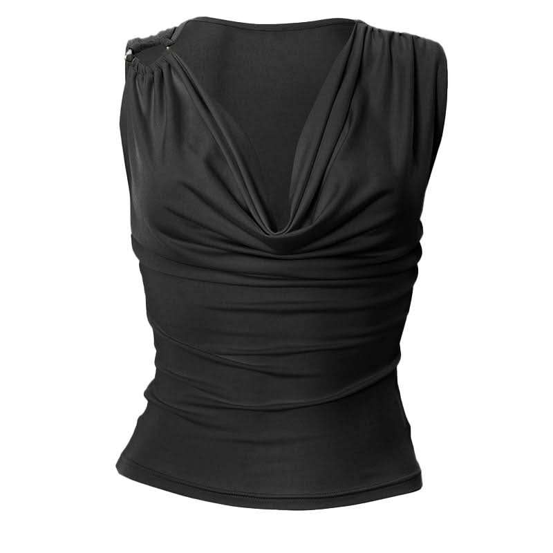Autumn Chic Draped Cowl Neck Sleeveless Top for Women – Elegant Ruched Layering Essential
