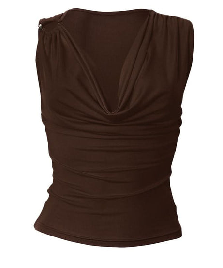 Autumn Chic Draped Cowl Neck Sleeveless Top for Women – Elegant Ruched Layering Essential