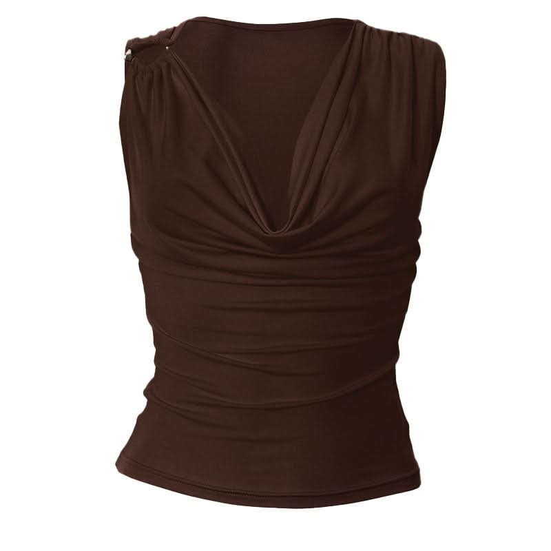 Autumn Chic Draped Cowl Neck Sleeveless Top for Women – Elegant Ruched Layering Essential