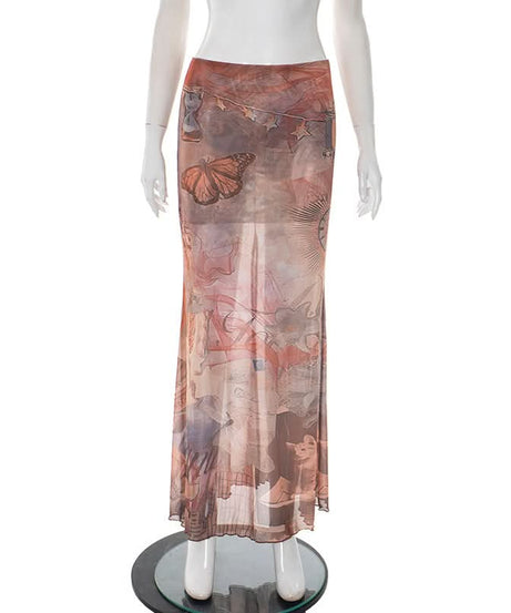 Ethereal Celestial Mesh Maxi Skirt - Mystical Butterfly Print Sheer Fall Style