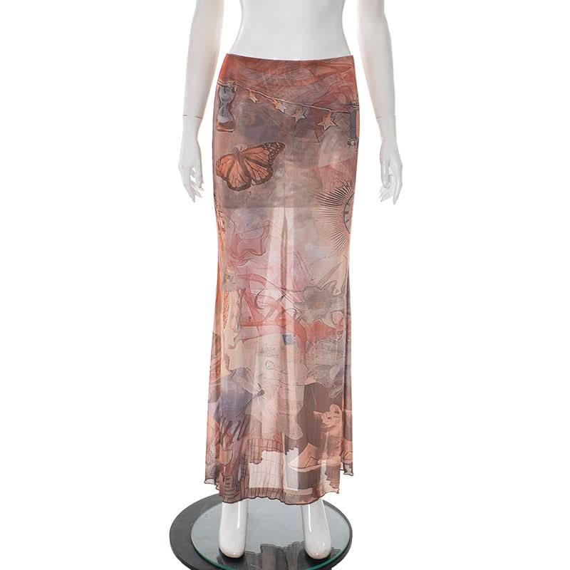 Ethereal Celestial Mesh Maxi Skirt - Mystical Butterfly Print Sheer Fall Style