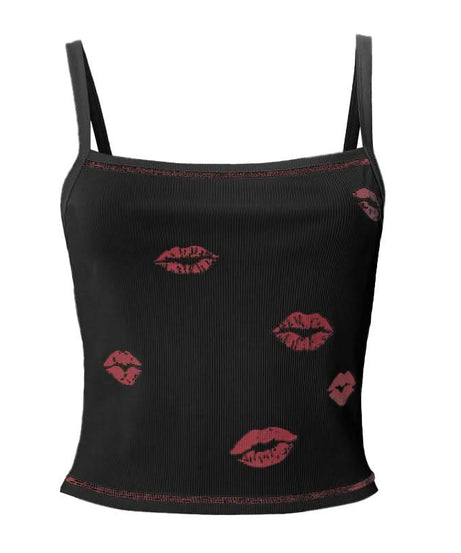 Y2K Flirty Lips Ribbed Cami Top - Square Neck Fall Essential