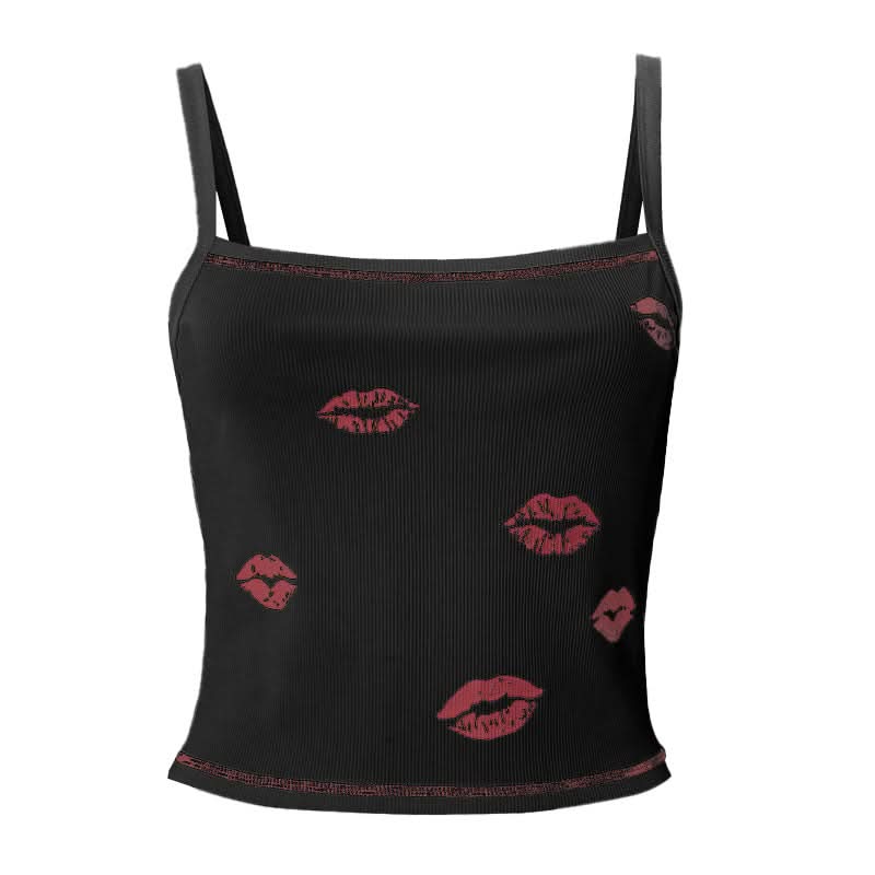 Y2K Flirty Lips Ribbed Cami Top - Square Neck Fall Essential