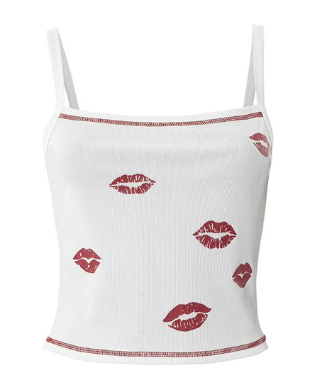 Y2K Flirty Lips Ribbed Cami Top - Square Neck Fall Essential