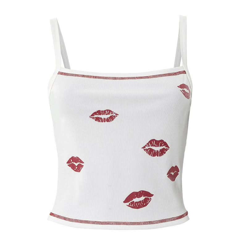 Y2K Flirty Lips Ribbed Cami Top - Square Neck Fall Essential