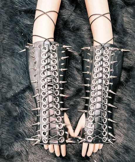 Fierce Spiked & Laced Faux Leather Arm Gauntlets - Goth, Punk & Halloween Ready!