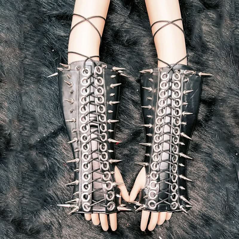 Fierce Spiked & Laced Faux Leather Arm Gauntlets - Goth, Punk & Halloween Ready!