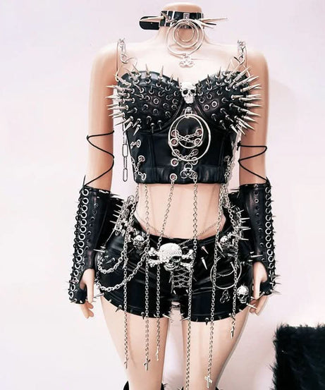 Unleash Your Inner Rebel: Spiked & Chained Gothcore Faux Leather Set - Halloween & Concert Ready